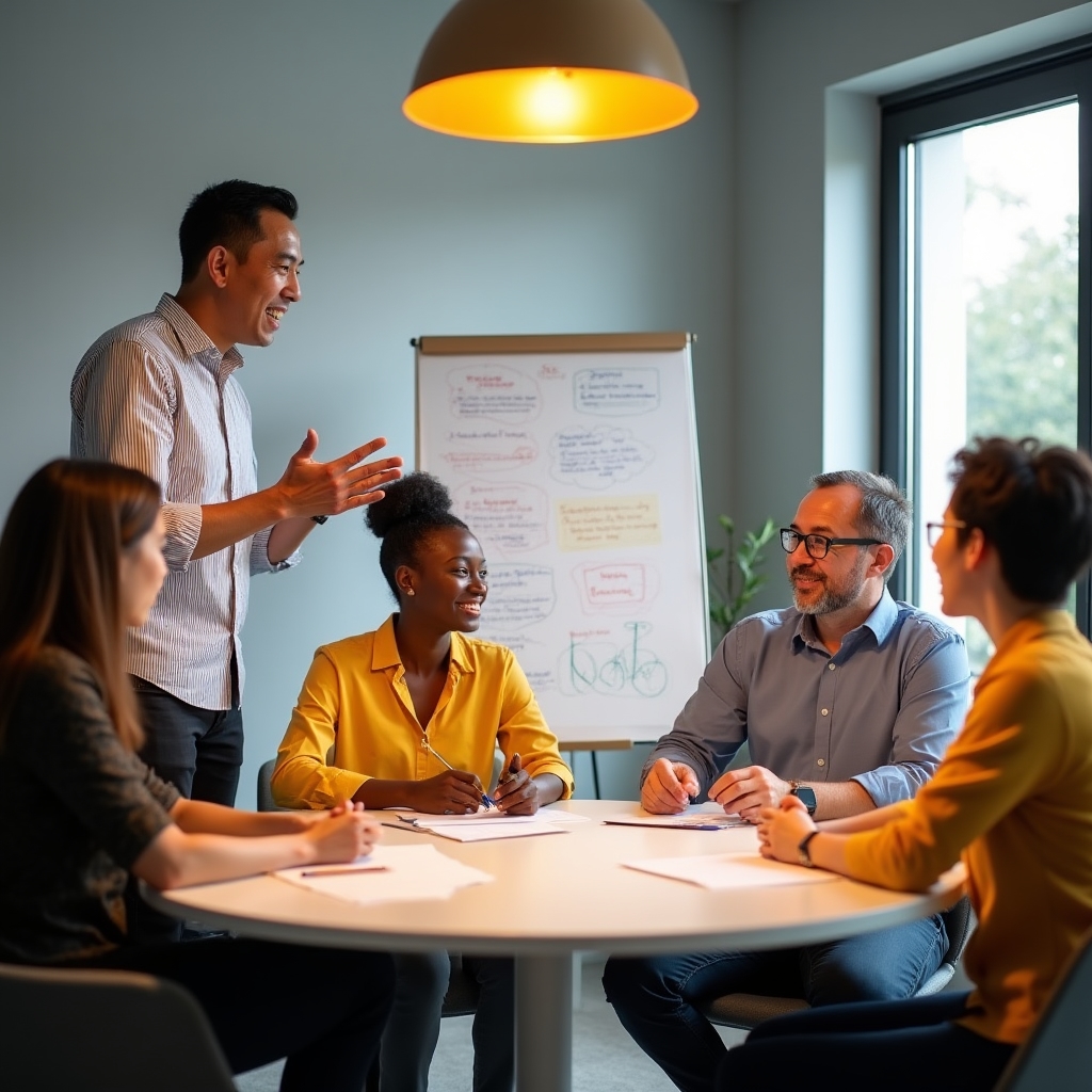 Kleine Gruppe von Menschen diskutiert lebhaft in einem hellen Workshop-Raum, Flipchart im Hintergrund