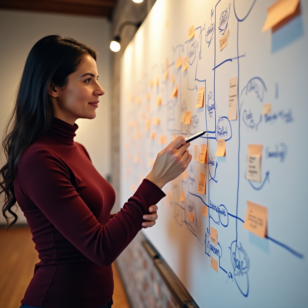 Person steht vor einem großen Whiteboard mit Diagrammen und Notizen, analytischer Ausdruck