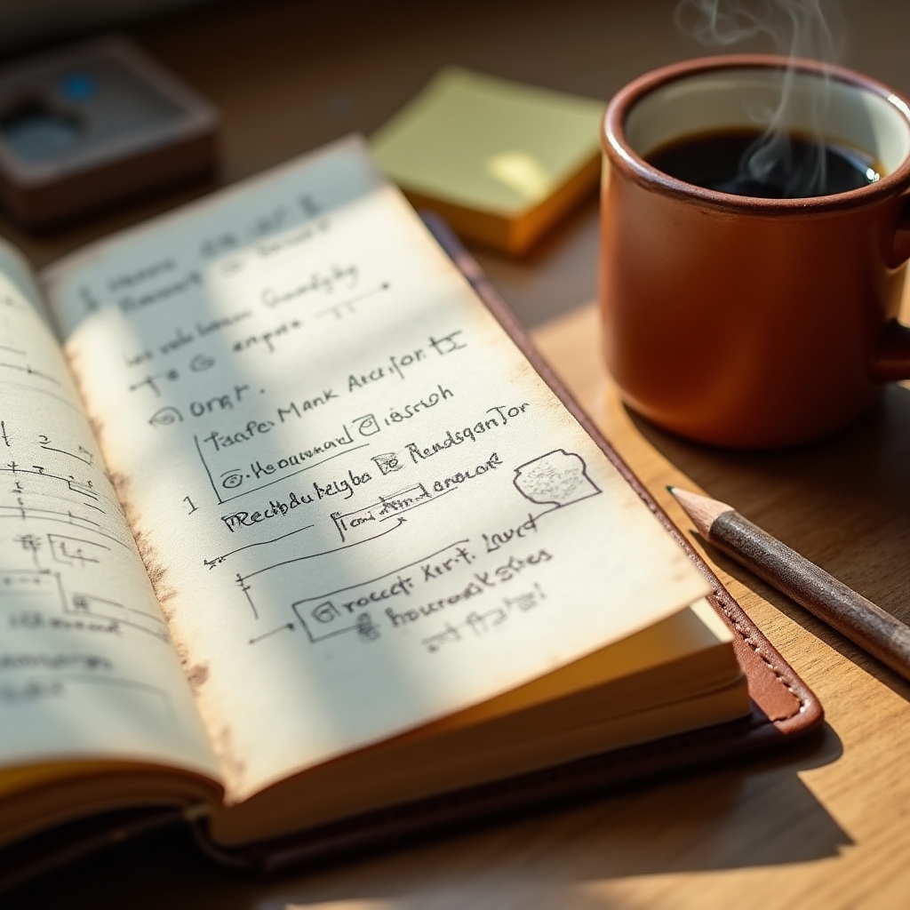 Geöffnetes Notizbuch mit handgeschriebenen Überlegungen auf einem Holztisch, Kaffeetasse daneben