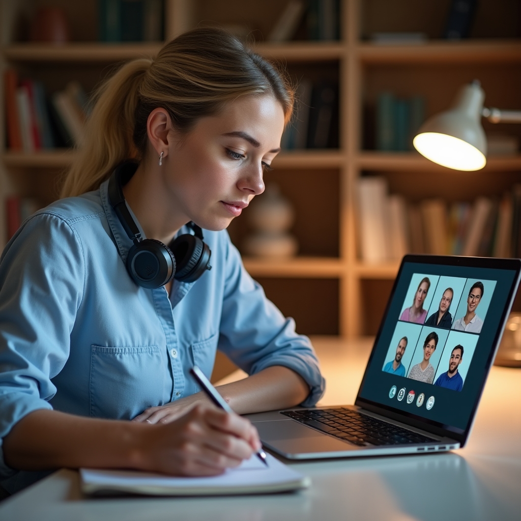 Person nimmt an einem Online-Webinar teil, Laptop offen, konzentrierter Blick auf den Bildschirm, ruhige Umgebung